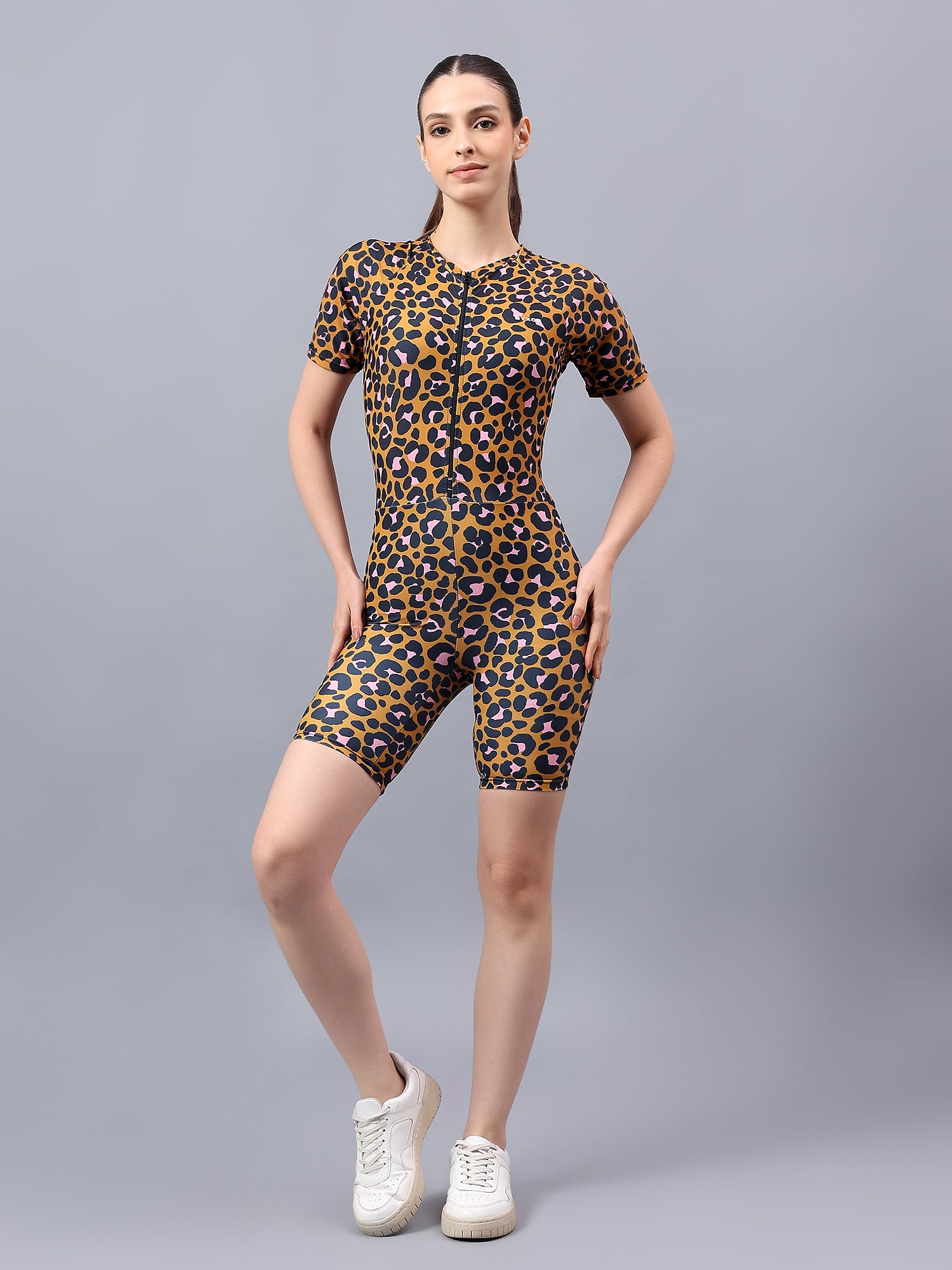 BYXOR Women's Wrestling Outfit Leopard Print – Side stretch pose