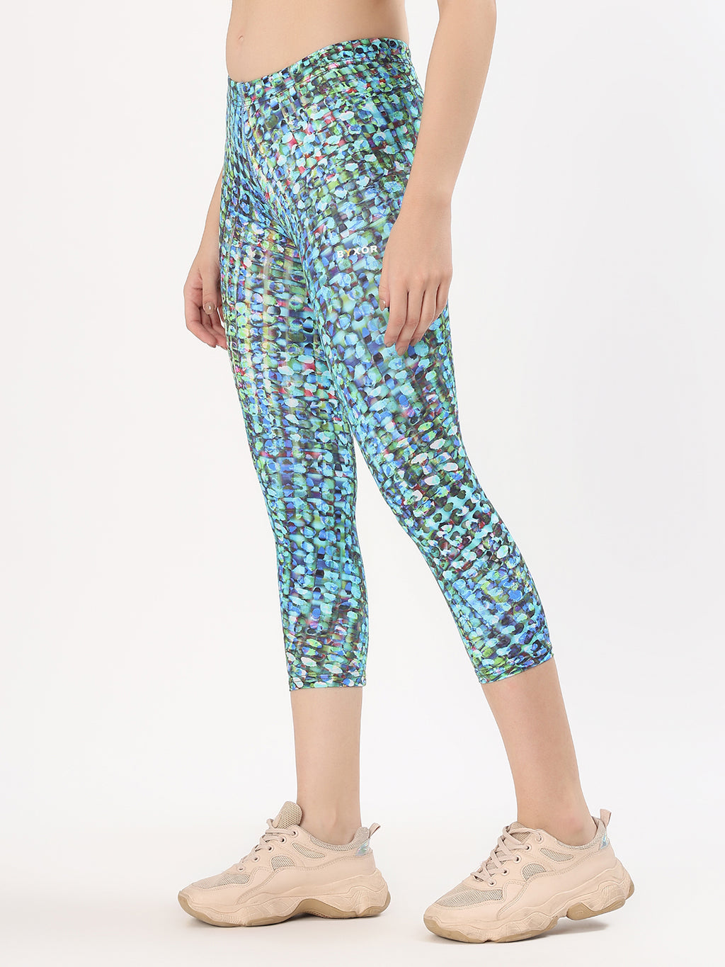 BYXOR Women's Capri Leggings Mosaic Print – Side profile standing