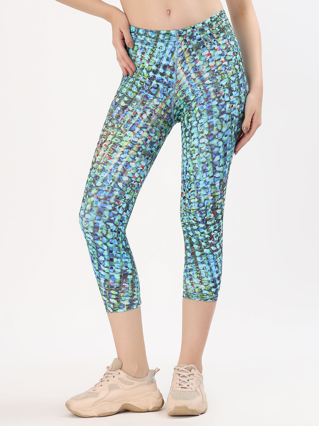 BYXOR Women's Capri Leggings Mosaic Print – Three quarter front view