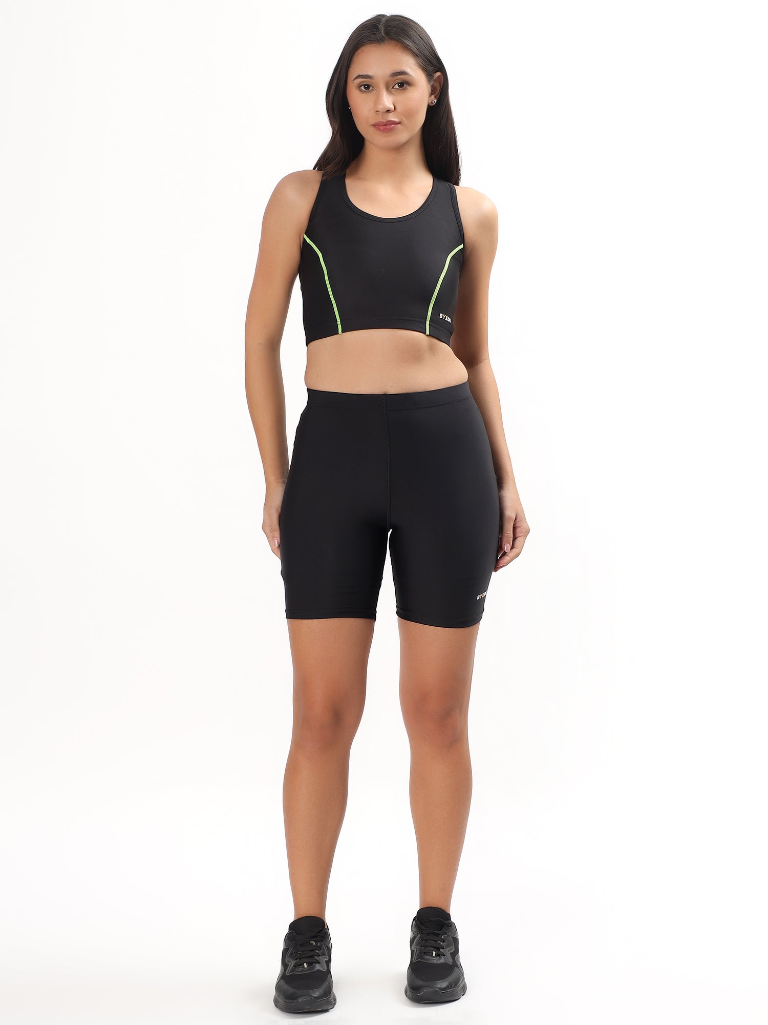 BYXOR Women's Sports Bra Blue – Full body with cycling shorts