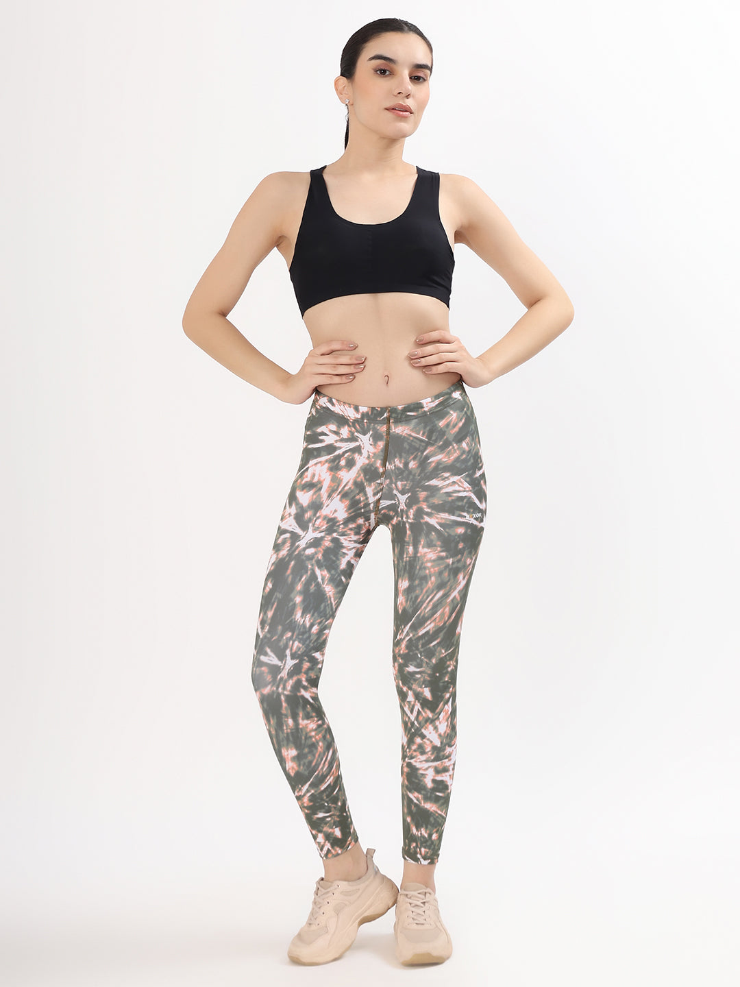 BYXOR Women's Tie Dye Leggings – Side lifestyle with water bottle
