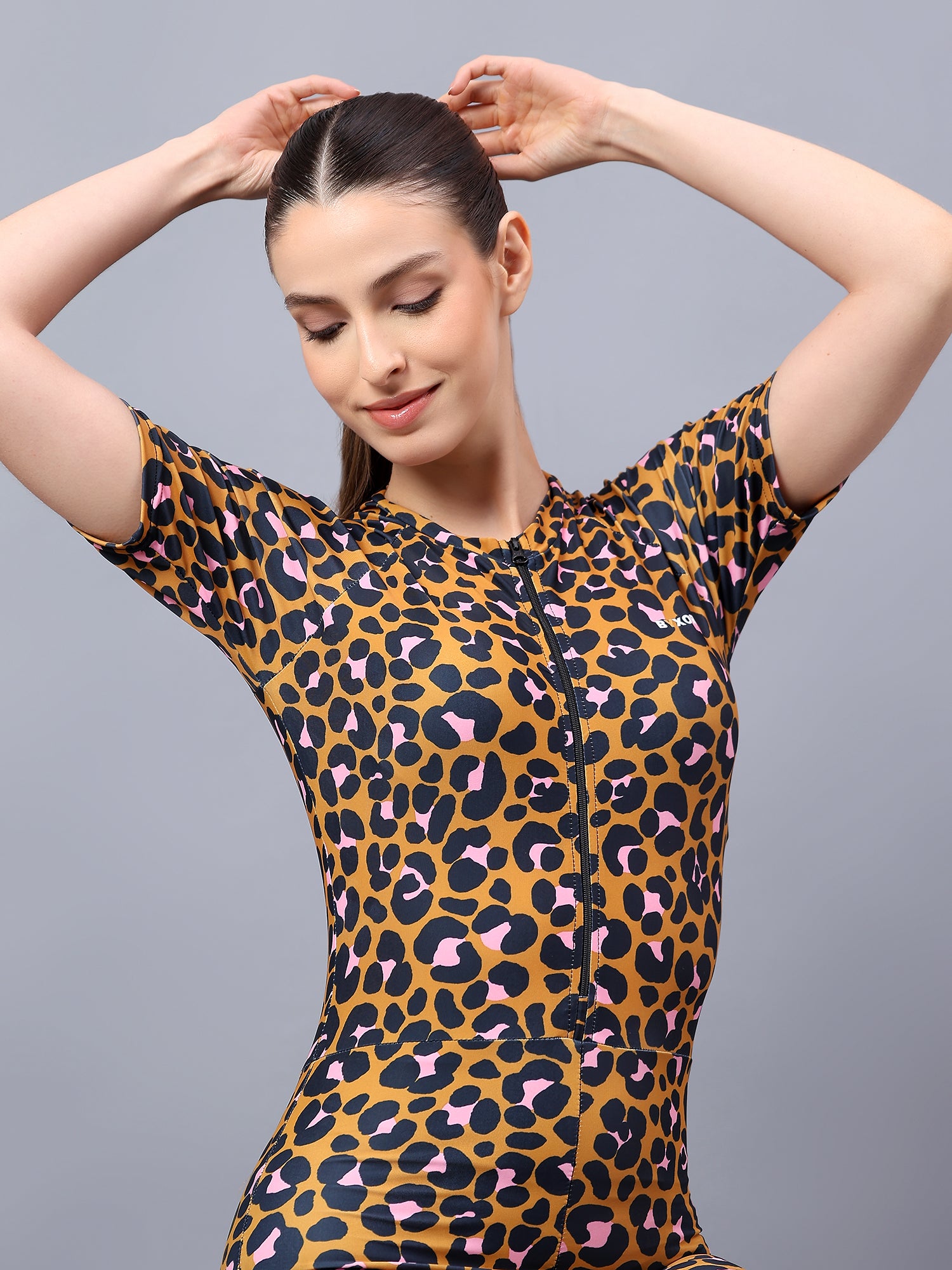 BYXOR Women's Wrestling Outfit Leopard Print – Full body front view